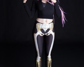 Skeleton Leggings, Printed Leggings, Black Leggings, Post Apocalyptic Clothing, Witch Clothing, Bone Leggings, Dystopian Clothing