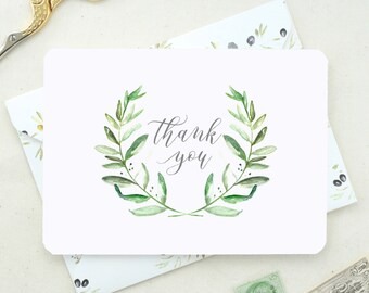 Thank You Cards Wedding Set. Baby Shower Thank You Cards. Floral Thank You Card. Set of Floral Thank You Cards. Leafy Wreath Thank You Card.
