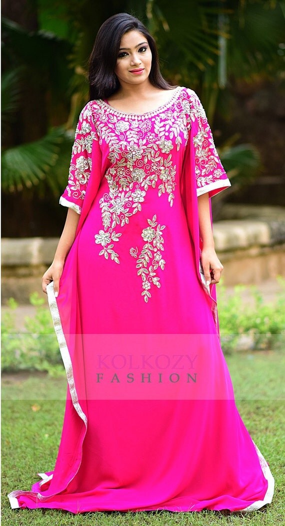  Flamingo Pink Color Kaftan Dress Georgette by KolkozyShop 