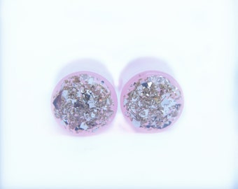 Silver Crushed Glass on Rose Quartz Plugs / 8g, 6g, 4g, 2g, 0g, 00g, 1/2, 9/16, 5/8, 3/4in / Stone Plugs / Rose Quartz Organic Plugs Gauges