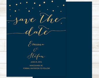 navy gold save the date card, gold glitter save the date invite, save the date announcement, save the date printable, wedding announcement