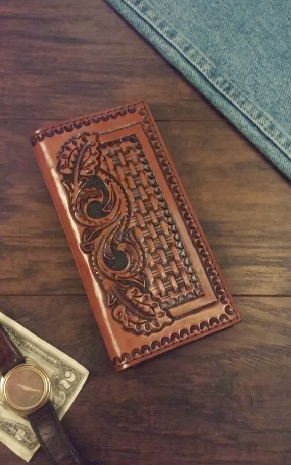 Roper style/Checkbook mens leather wallet hand carved and dyed