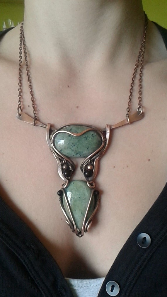 Copper wire wrapped necklace with natural green by Tangledworld