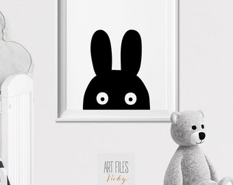Bunny Wall art, Nursery animal print, Poster, Minimal, Black and White Animal, Woodlands, Peekaboo animal, Nursery Decor, ArtFilesVicky
