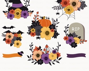 Floral Halloween Bouquets. Halloween Clip Art. Floral Clipart. Floral Bouquet. Wedding. 8 images, 300 dpi. Eps, Png files. Instant Download.