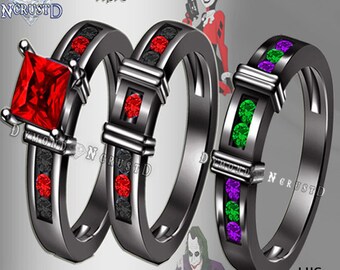 His & Hers Harley Quinn and The Joker Batman Inspired Black Rhodium or Black Gold Engagement Ring Set