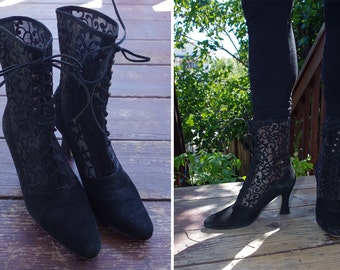 BLACK Swirl 1980's 90's Vintage Suede Leather Ankle Witch Boots // Lace Up High Tops // size 7.5 M // by Via SPIGA // ITALY