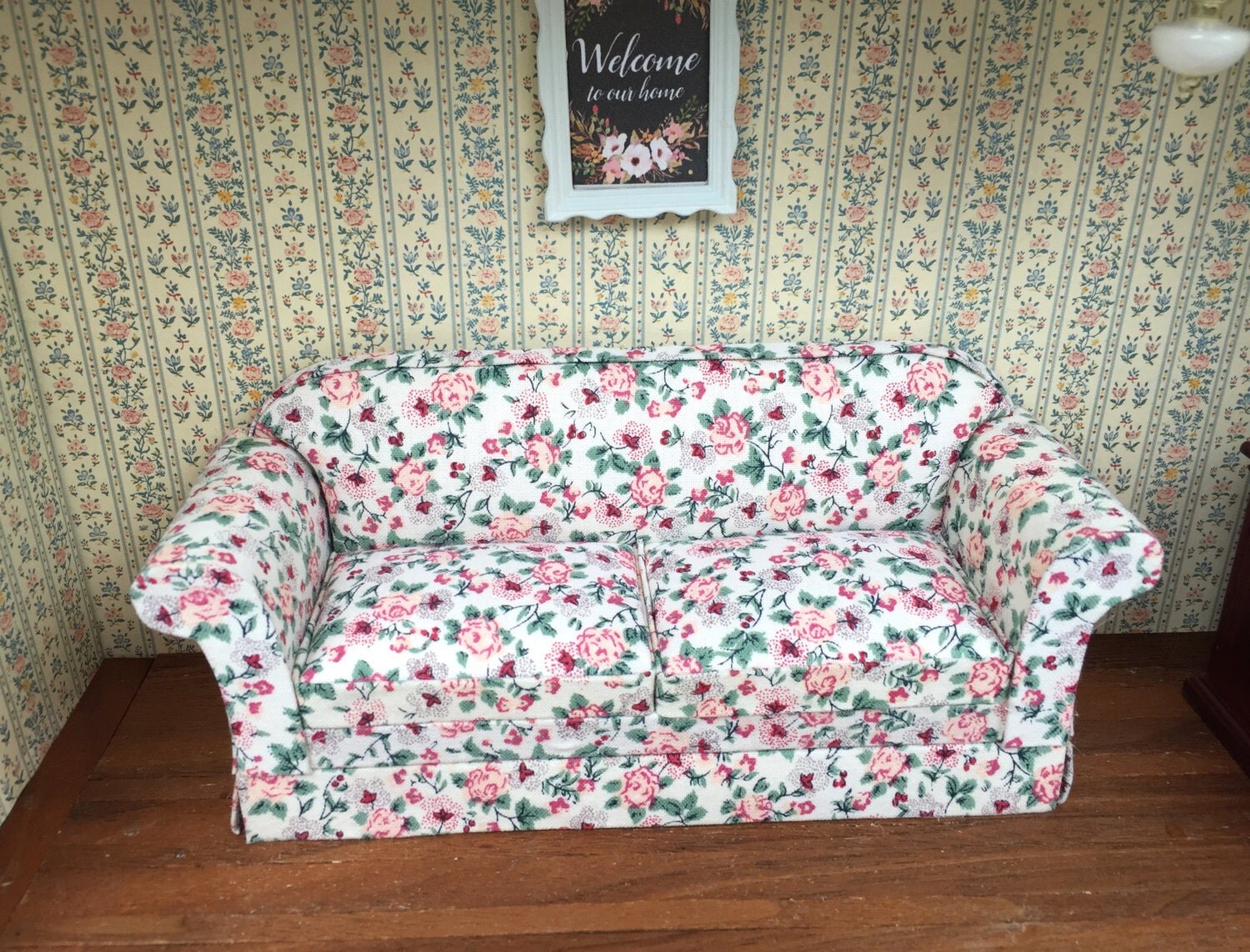 Dollhouse Sofa Overstuffed Floral Print Fabric Couch by BitsyNest
