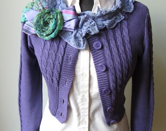 Shabby Chic Purple Cardigan, Tattered Sweater, Mori Girl Tops, Purple Cropped Cardigan, Anthropologie Inspired, Upcycled Recycled Clothing