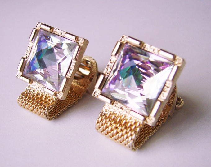 Vintage Retro Mesh Wrap Cuff Links / Rivoli Glass Stones / Goldtone / Mens Jewelry / Wedding / Jewellery / Suit Accessories