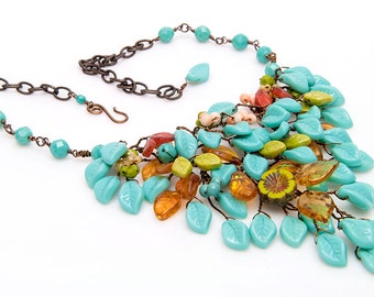 Yellow Green Turquoise Bib Necklace, Turquoise Statement Necklace, Nature Jewelry, Blue Leaf Necklace, Turquoise Boho Jewelry CPJ N532