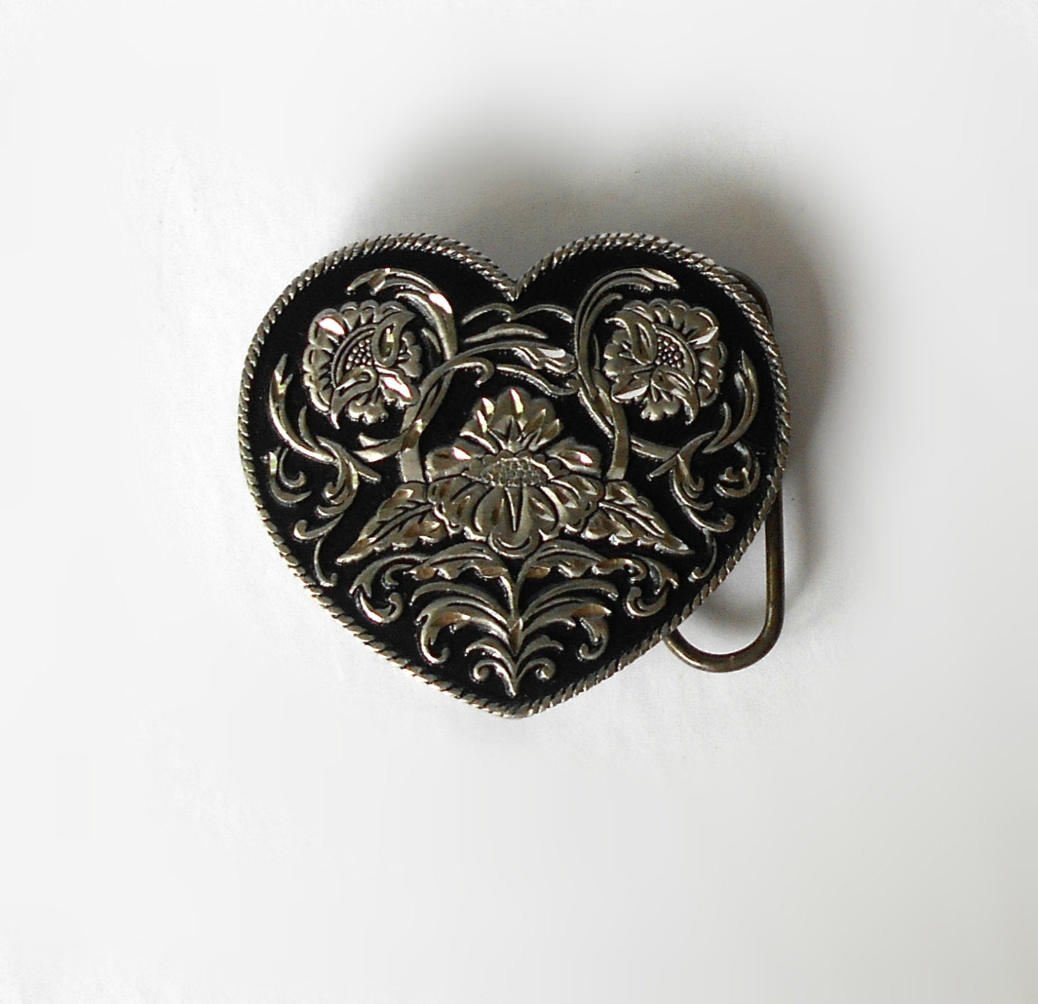 Vintage Belt Buckle Heart Shaped Black Enamel Floral Motif