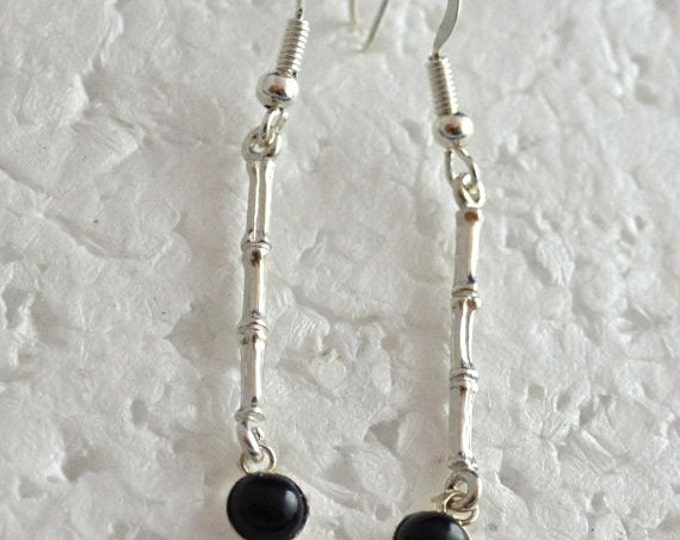 Onyx Dangle Earrings, 5mm Round, Natural, Set in Sterling Silver E664