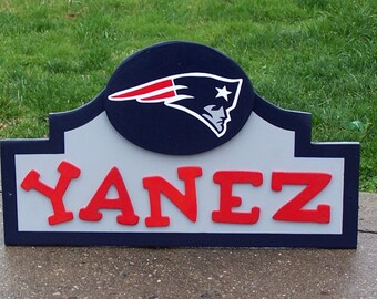 NEW ENGLAND Patriots Sign with your NAME "Personalized" Custom Made Wood Decor Done in Brillant Team Colors