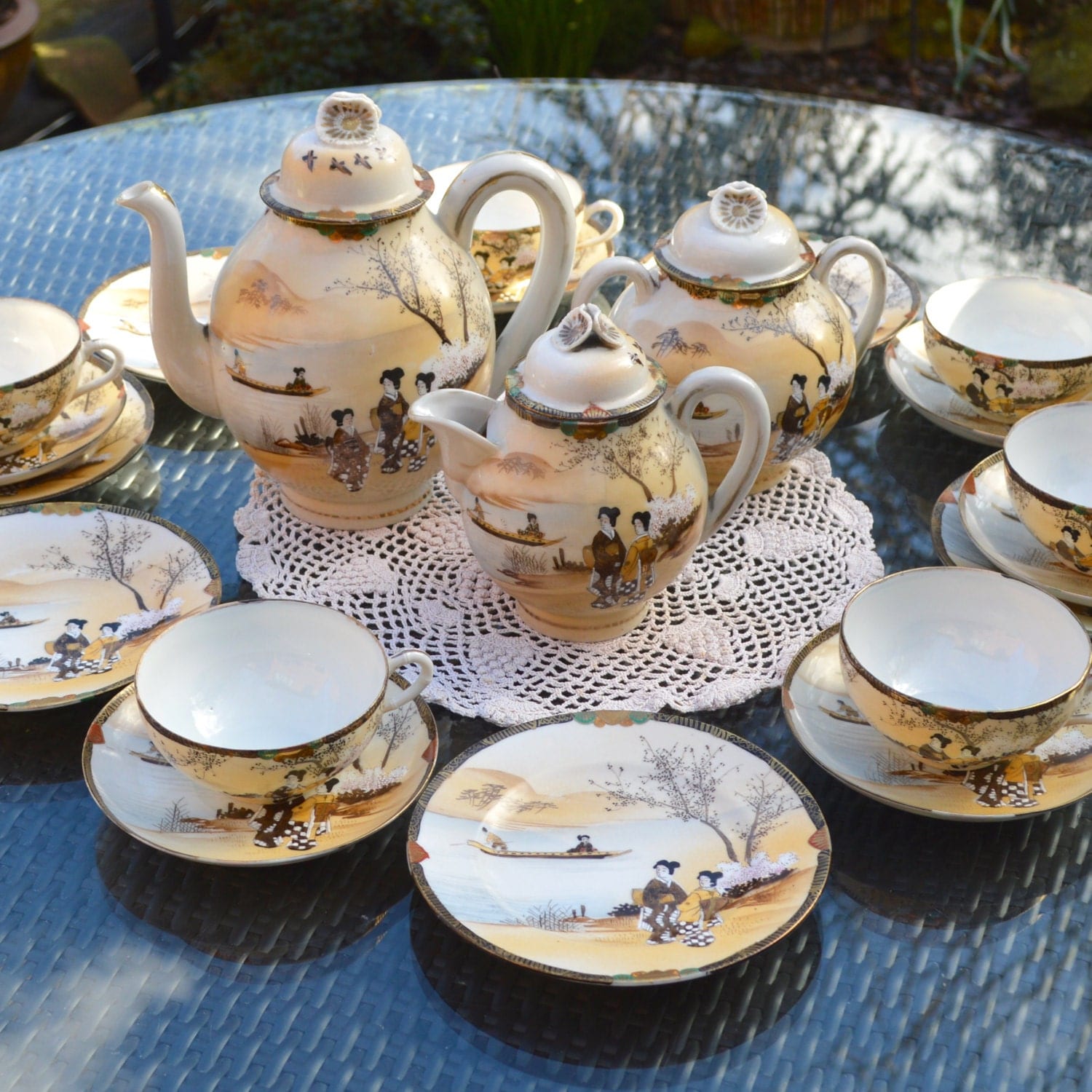 Japanese Fine Eggshell Porcelain Tea Set with Geisha Figures