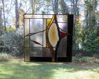 Red Cliffs #2 - Natural Agate w/Amber and Purple Glass: Stained Glass Panel (approx 11" square)