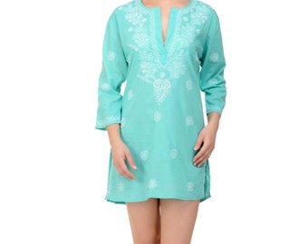 Deep Turquoise Beach Kaftan, Beach Cover Up with Hand-Embroidery