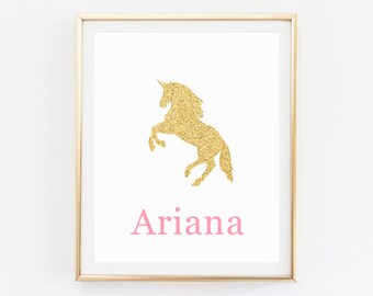 Gold glitter unicorn, Custom Name Nursery Wall Art, Unicorn Nursery Print, Unicorn Print, Gold and Pink Nursery, Unicorn party printables