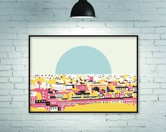 Pop art print, pop art poster, pop art, urban art, city landcape, city skyline, city view, city print, rooftop view, urban design, giclee