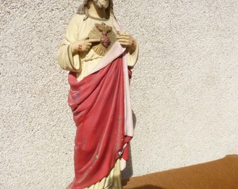 Statue of Jesus Christ sacred heart of plaster old