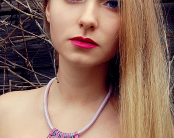 Statement necklace Rope necklace Bib necklace Shabby Chic Boho necklace Polymer clay necklace Unique handmade jewelry Lilac