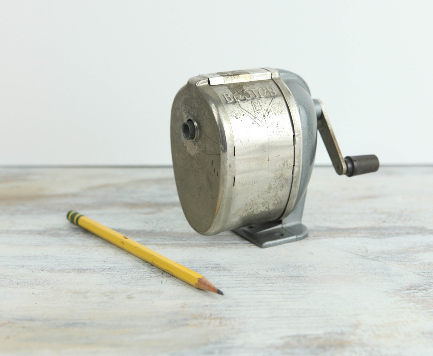 Vintage Boston L Pencil Sharpener Gun Metal Gray base & Hand