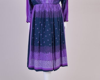 Vintage Silk Dress 1970s Purple Dress Knee Length