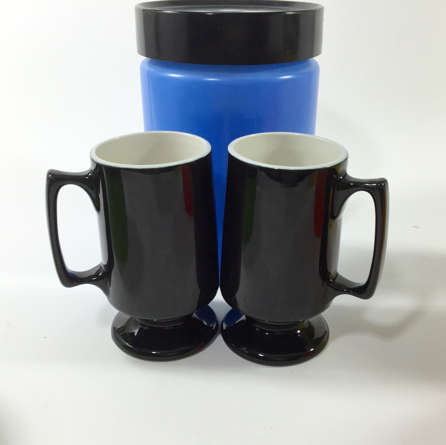 Tall Black Pedestal Mug Pair Black and White Durable Diner