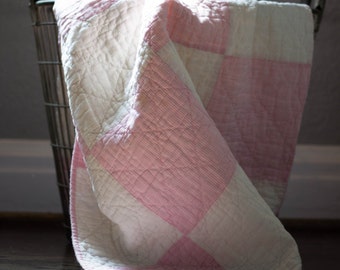 Vintage Pink & White Square Patchwork Quilt Piece