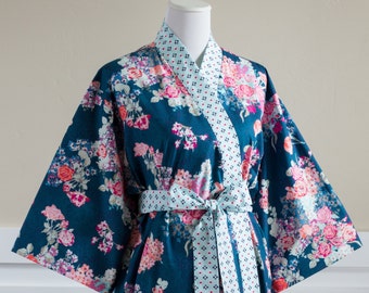 Kimono Robe • Womens long robe • Yukata • Bathrobe • Hospital gown • Getting ready robe • Maternity robe • Floral Cotton SK Blue Aqua Pink