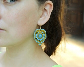 Summer party Birthday gift|for|her Boho beaded earring Agate earring Soutache gold blue dangle earring Embroidered jewelry Turquoise earring