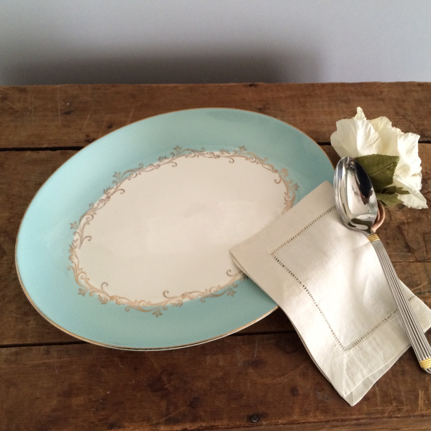 Vintage Lifetime China Co Homer Laughlin Aqua Blue/Gold Crown Trim Oval