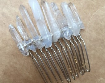 Raw Crystal Quartz Comb - Natural Rock Crystal Shards on a Gold Hair Comb - Healing Powerful Beautiful Hair Accessory.