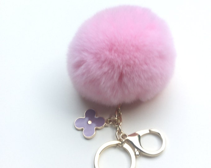 Pink Fur Pompom Keychain-FurPomPom Bag Charm- PomPom Bag Pendant- Rabbit Fur-Leather-Fur Accessories-Fur Pompom