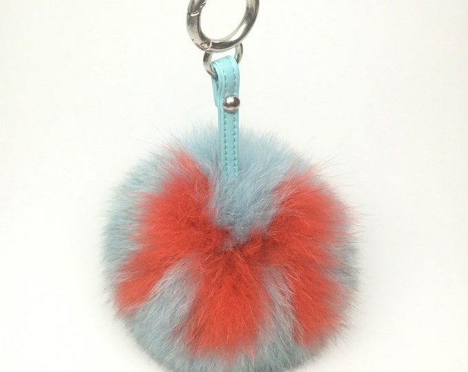 Ready to ship, Monogram Letter "M" made fox fur letter bag charm pom pom keyring keychain fur bag accessory Light Blue Orange