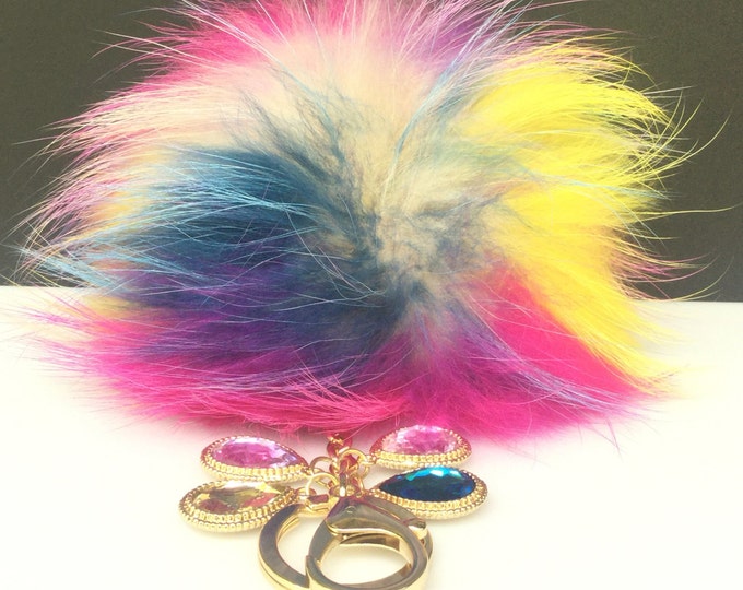 NEW Tropical Swirl™ Crystals Multi Color Raccoon Fur Pom Pom bag charm clover flower charm keychain piece no.409