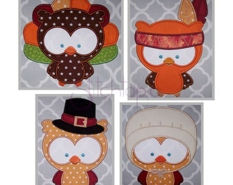 Fall Owl Applique Design Set - Digital Machine Embroidery Design Pattern - 4 designs - 7 sizes each - 10 Formats - Instant Download Files