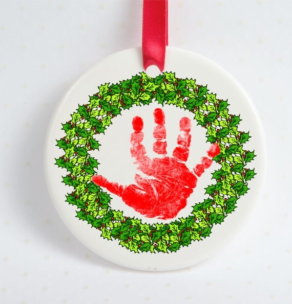 Items similar to Holiday Wreath Handprint Ornament w/Decorative Ribbon