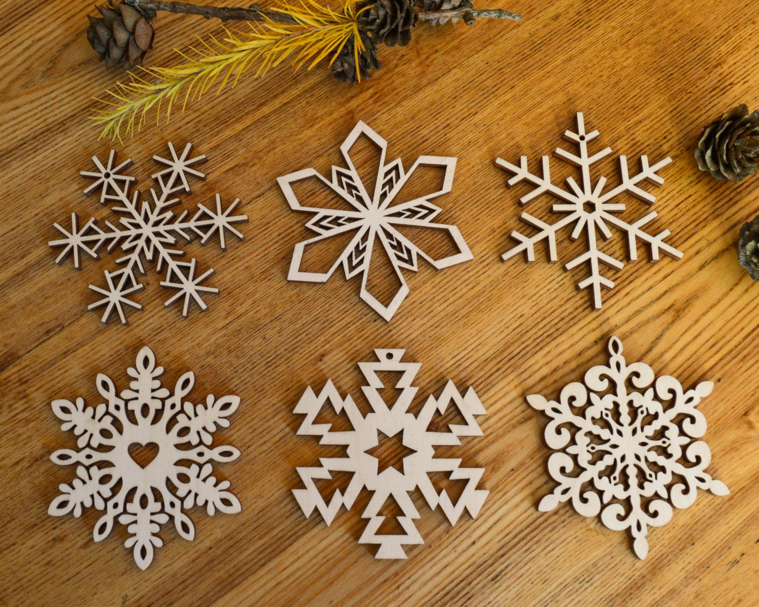 Set Of 6 Wood Snowflakes   Christmas Ornament   Wooden By 8trees