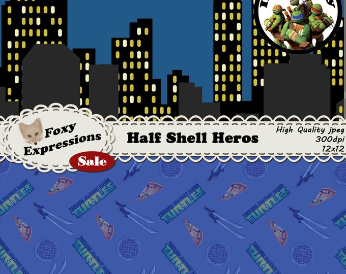 Half Shell Heros digital paper is inspired by TMNT. Designs include turtle shell, sewer lid, city sky line, foot soldiers, pizza, & weapons