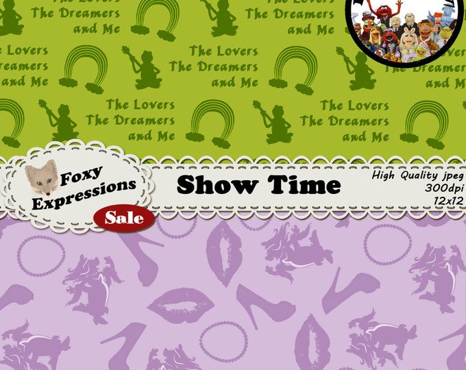 Show Time digital paper inspired by The Muppets Comes with Kermit, Ms Piggy, Gonzo, Fozzy Bear, Rowlf, Animal, Beaker, Professor Bunsen, etc