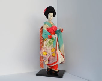 19" Japanese Vintage Geisha Doll in Traditional Silk Kimono - Hand Painted Japanese Geisha Art Doll