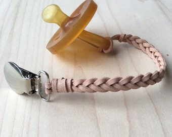 Leather Braided Pacifier Clip (Moccasin Tan) - Soother Clip, Dummy Clip, Binky Clip, Baby Shower Gift, Teether Clip, Universal Clip