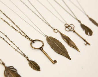 Long Brass Necklace, Brass Feather Necklace, Boho Necklace, Create Your Own Necklace, long layering necklace, bohemian long necklace, Leaf