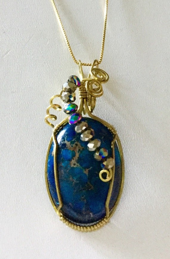 Gold wrapped Blue Sediment stone pendant necklace Artisan