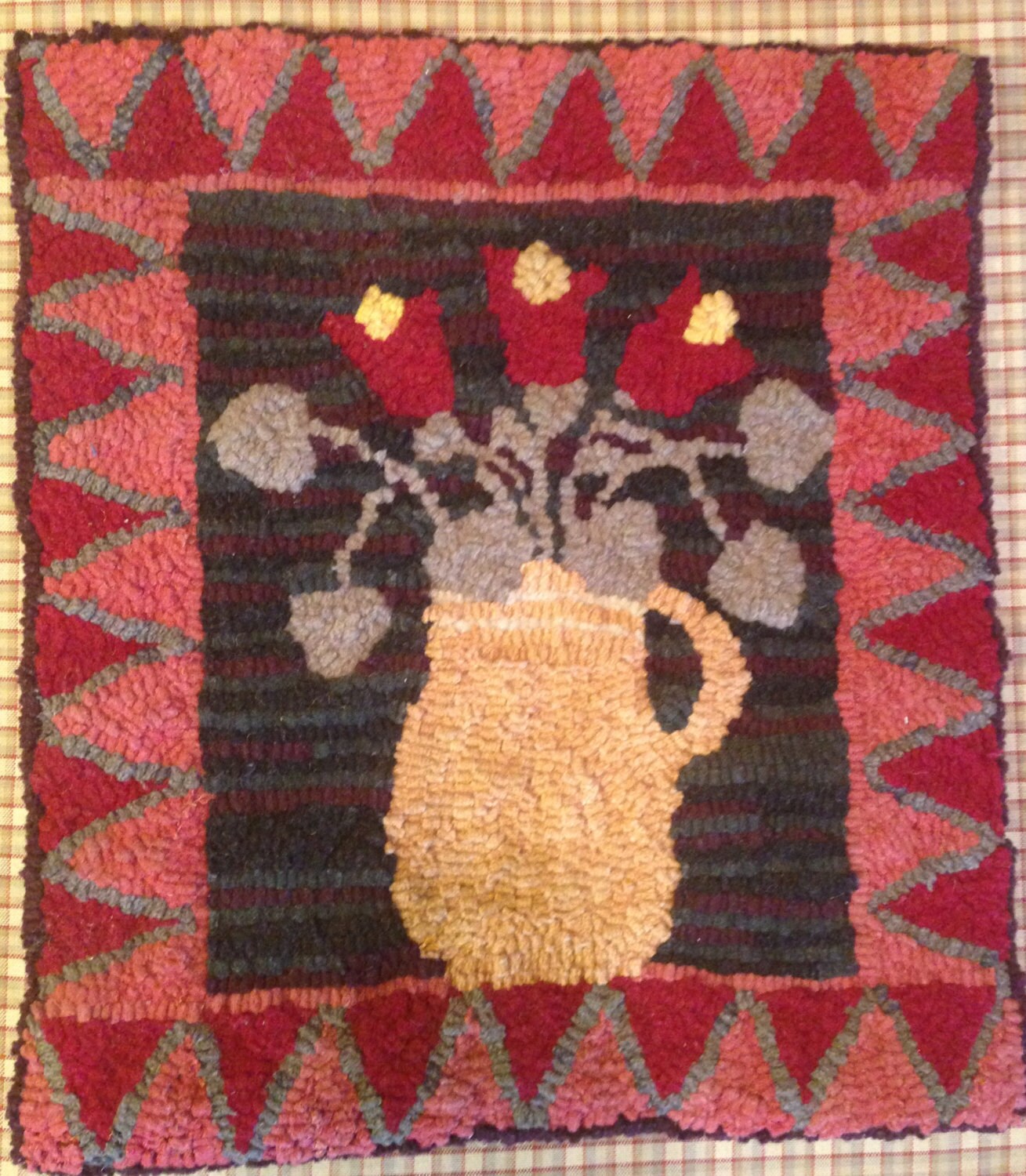 Primitive Hooked Rug Early Style Wall Hanging Yellow Ware