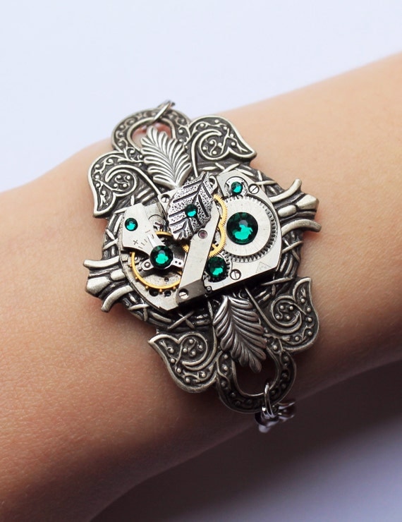 Steampunk silver bracelet with swarovski emerald crystals by DreamCloudJewelry steampunk buy now online