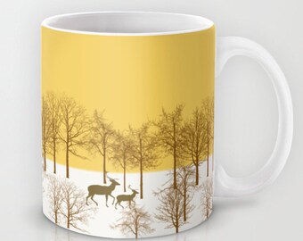 Deer in the snowy countryside mug-Wild animal yellow mug-Cool Mug-Gift for her-Coffee lover gift-Trees mug-Gift for him-Colourful mug