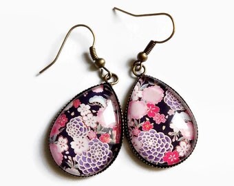 Earrings drops * Japanese flowers - Japanese fabric tissu * blue pink Japan, cabochon glass