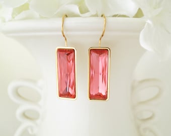 Modern coral baguette earring, Swarovski crystal earring, Gold baguette earring